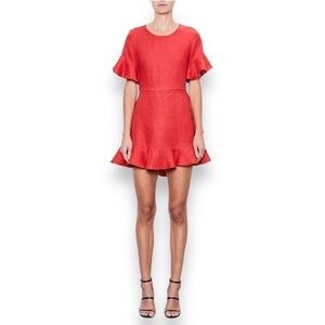 MLM Label Red 100% Linen Open Back Ruffled Flutter Sleeve Mini Dress